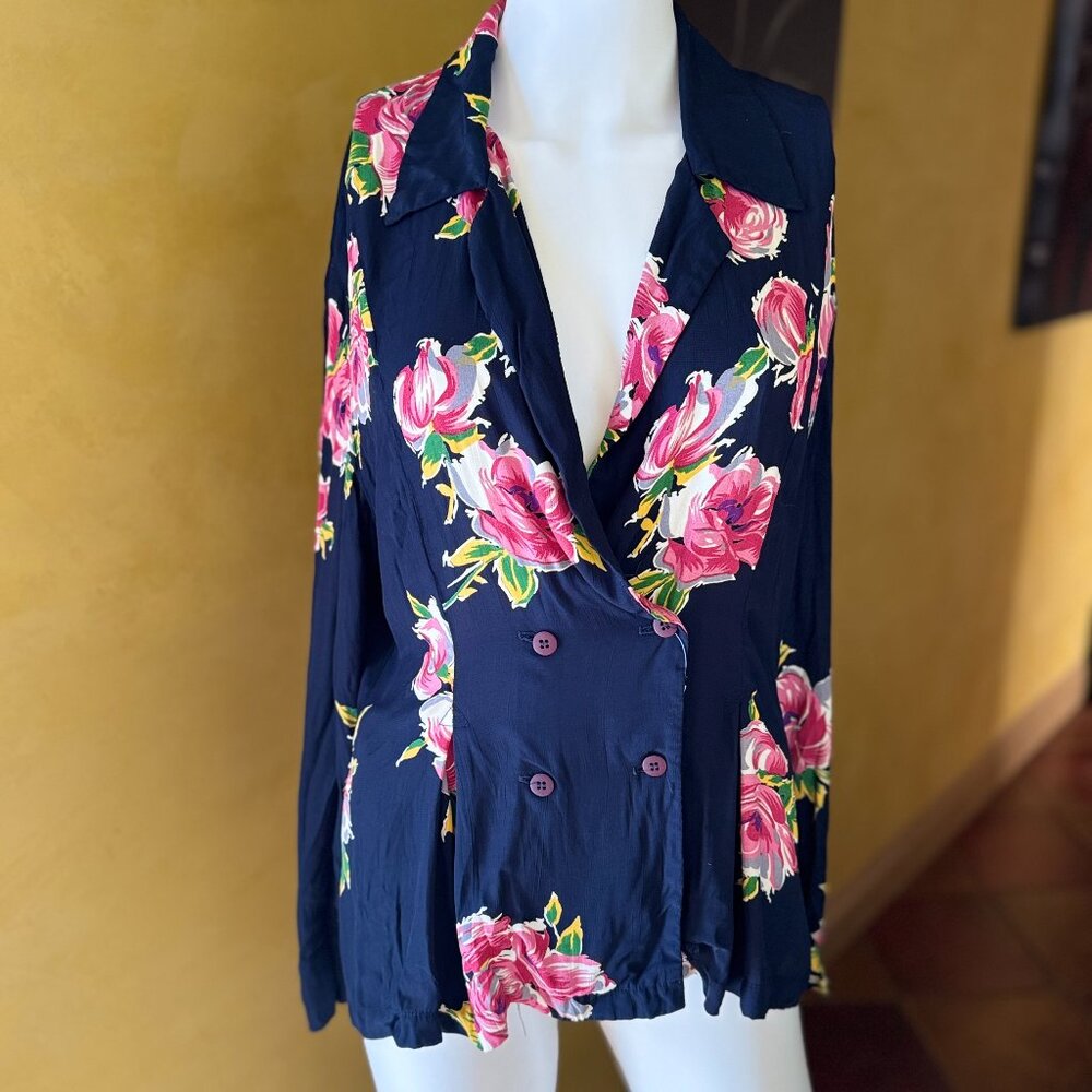 Vintage Jôna Navy Floral Double-Breasted Blouse – No Size Tag